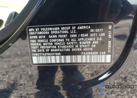 2017 Volkswagen Passat 1.8T Sel Premium from USA, damaged, VIN 1VWCT7A37HC077865